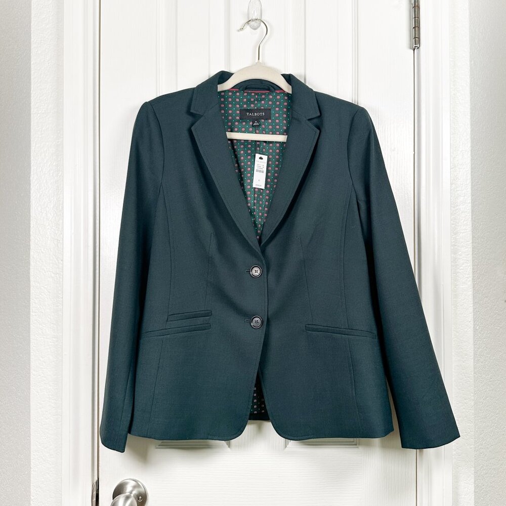 NWT Talbots Blazer Women’s 8 Hunter Green Wool Blend Two Button Suit Jacket